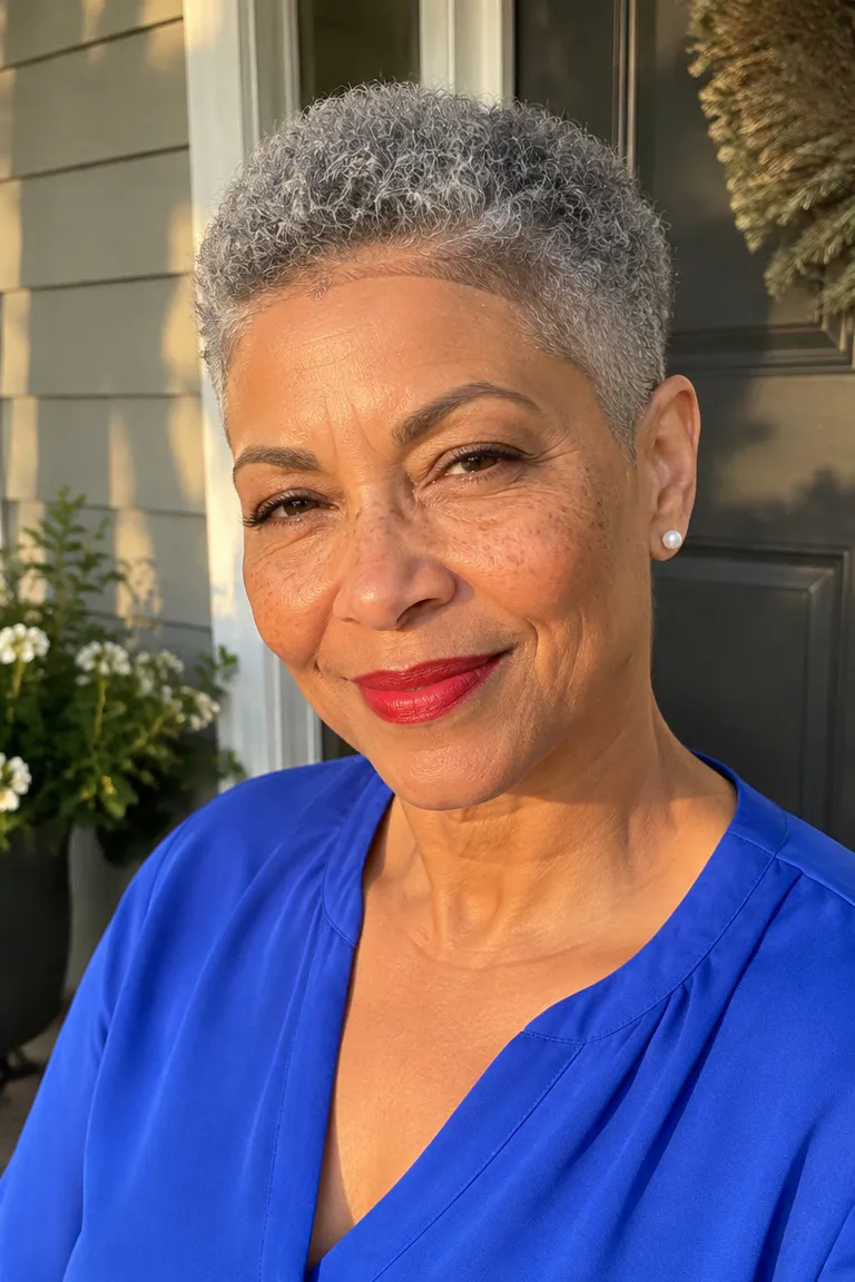 Short gray tapered haircut with a soft edge-up and shaped hairline