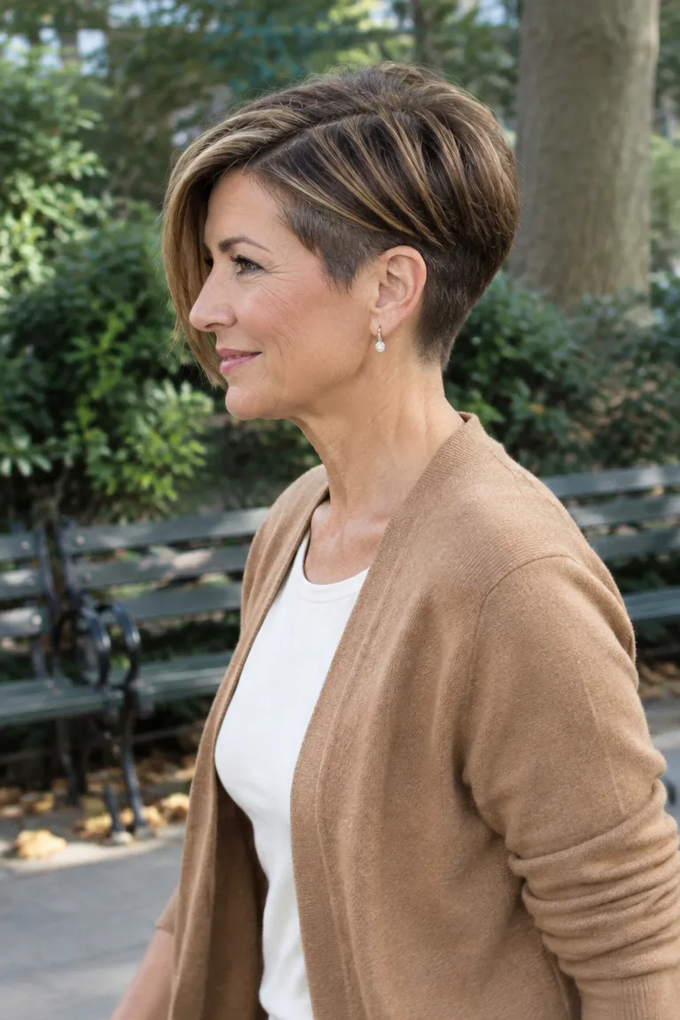 Asymmetrical undercut pixie bob with one longer side and a tapered undercut