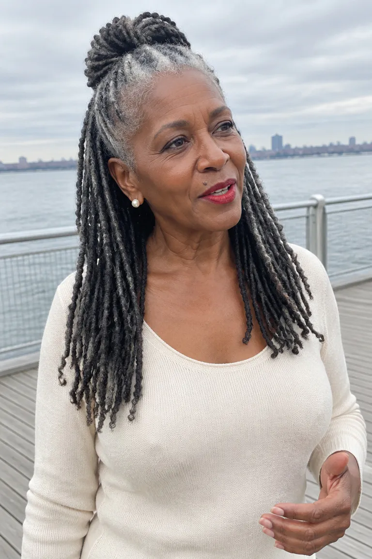 Half-up salt-and-pepper locs with a lifted crown section.