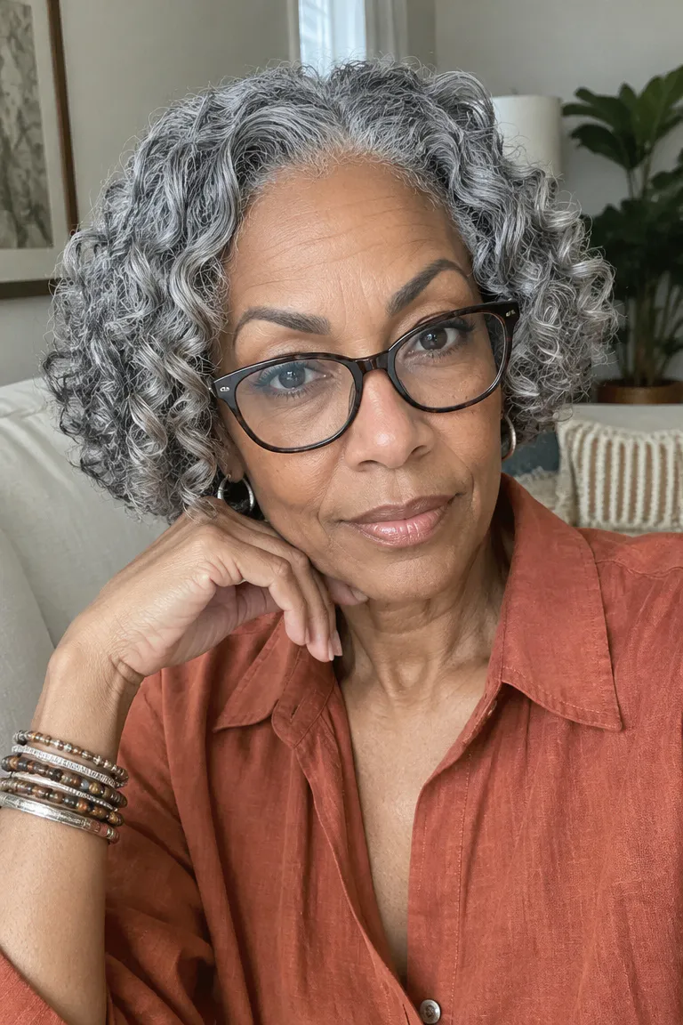 Short gray curly bob with defined curls and a rounded shape