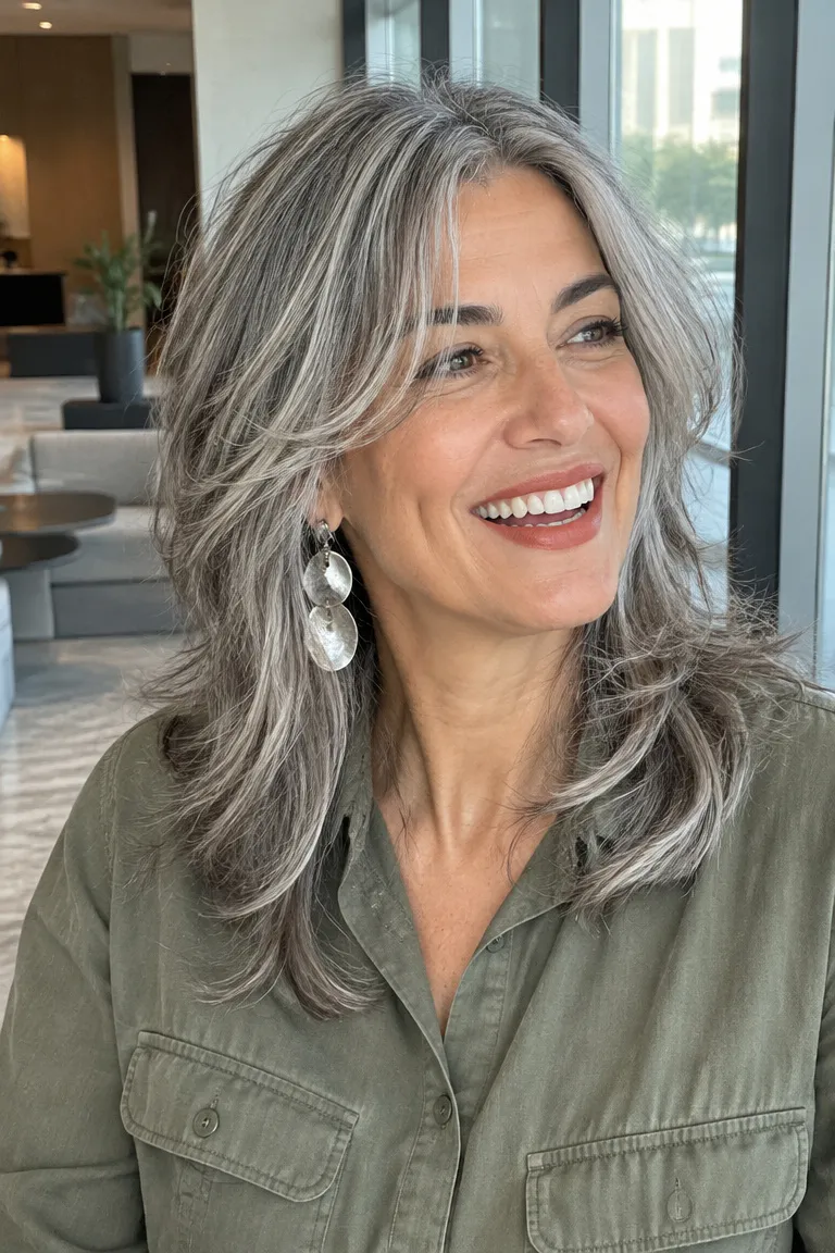 Salt-and-pepper long shag with soft layered shape