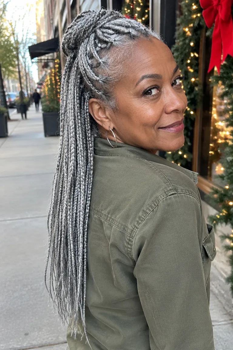 Medium silver gray knotless braids styled half up and half down