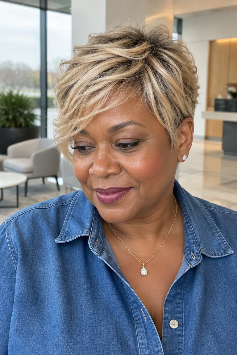 Feathered undercut pixie bob with soft layered movement and a tapered nape