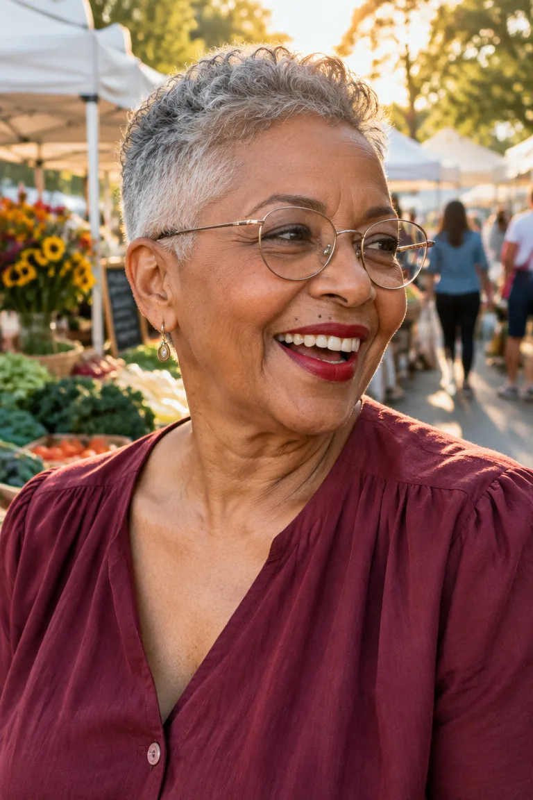 Short gray haircut with a bare nape and compact top