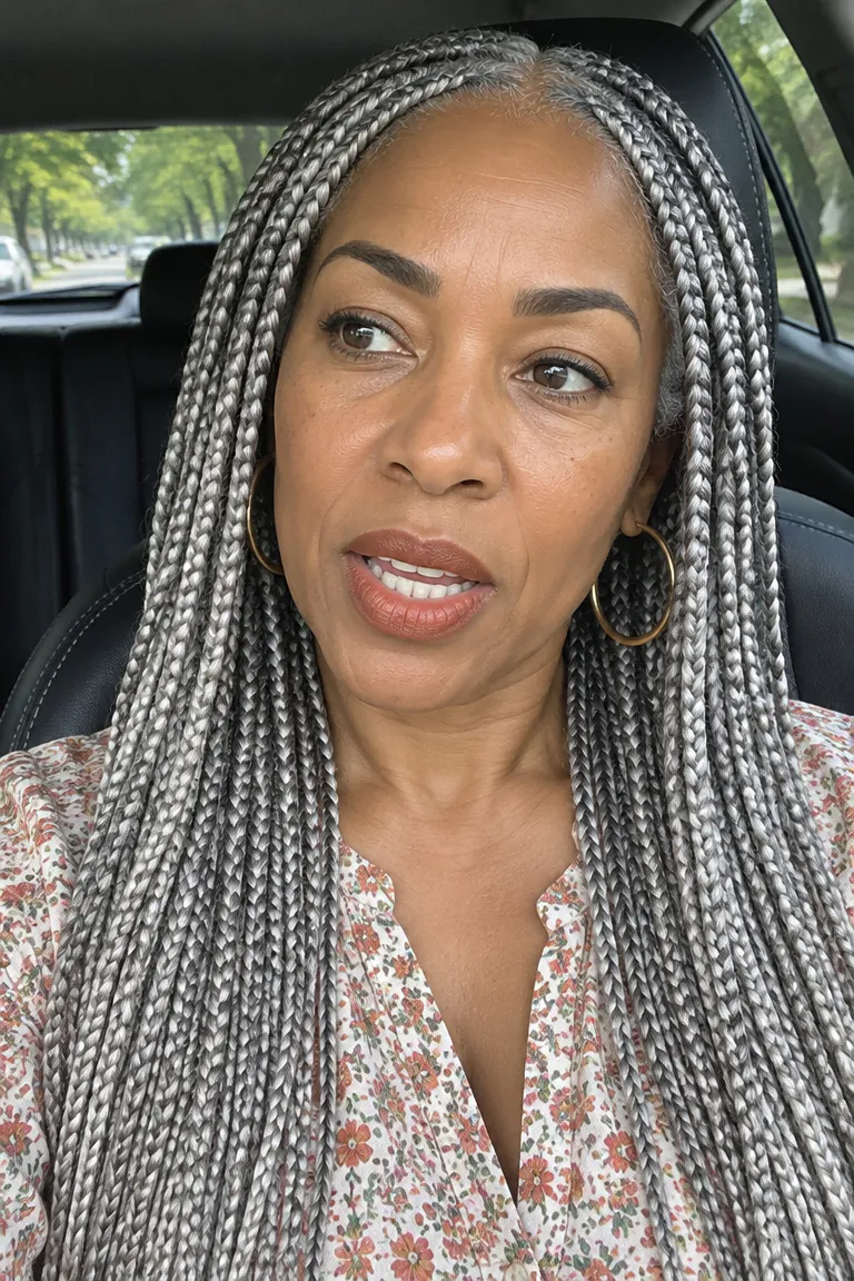 Silver gray knotless braids with a curved center part
