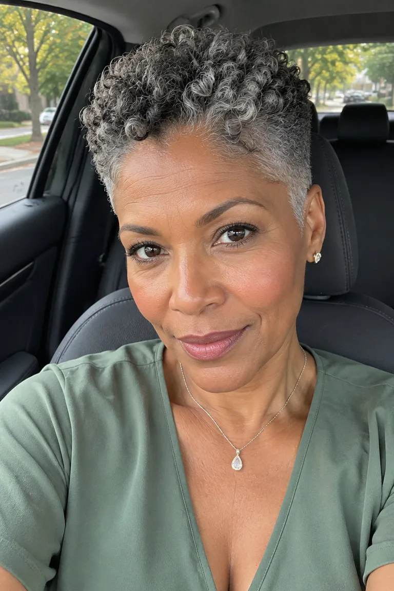 Short tapered haircut with gray finger coils on top and close sides