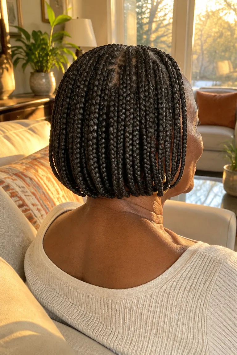 Short bob braids with medium plaits ending at the chin to collarbone