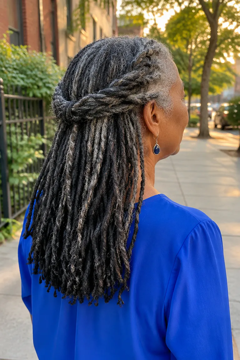 Salt-and-pepper locs with the front twisted back and pinned at the sides.