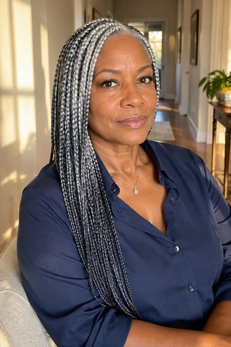Silver gray knotless braids with charcoal-toned ends