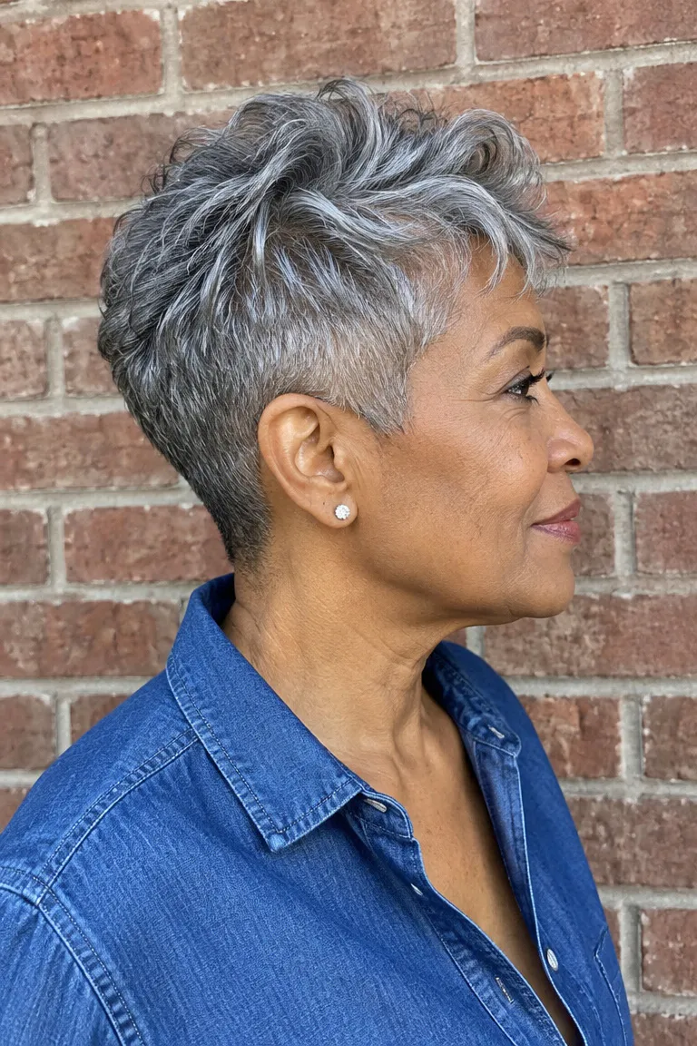 Short gray tapered haircut with feathered top layers and close sides
