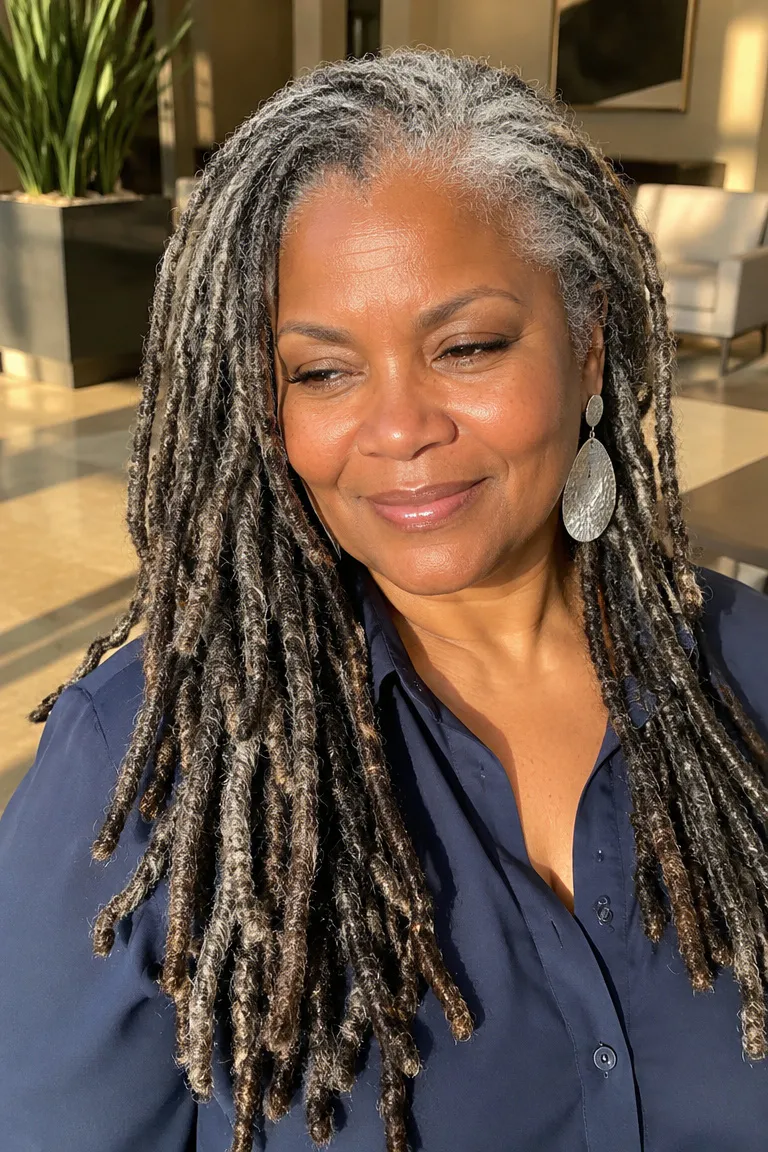 Long layered salt-and-pepper locs with staggered lengths.