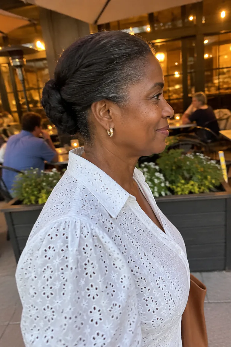 Rolled nape twist pinned low at the back