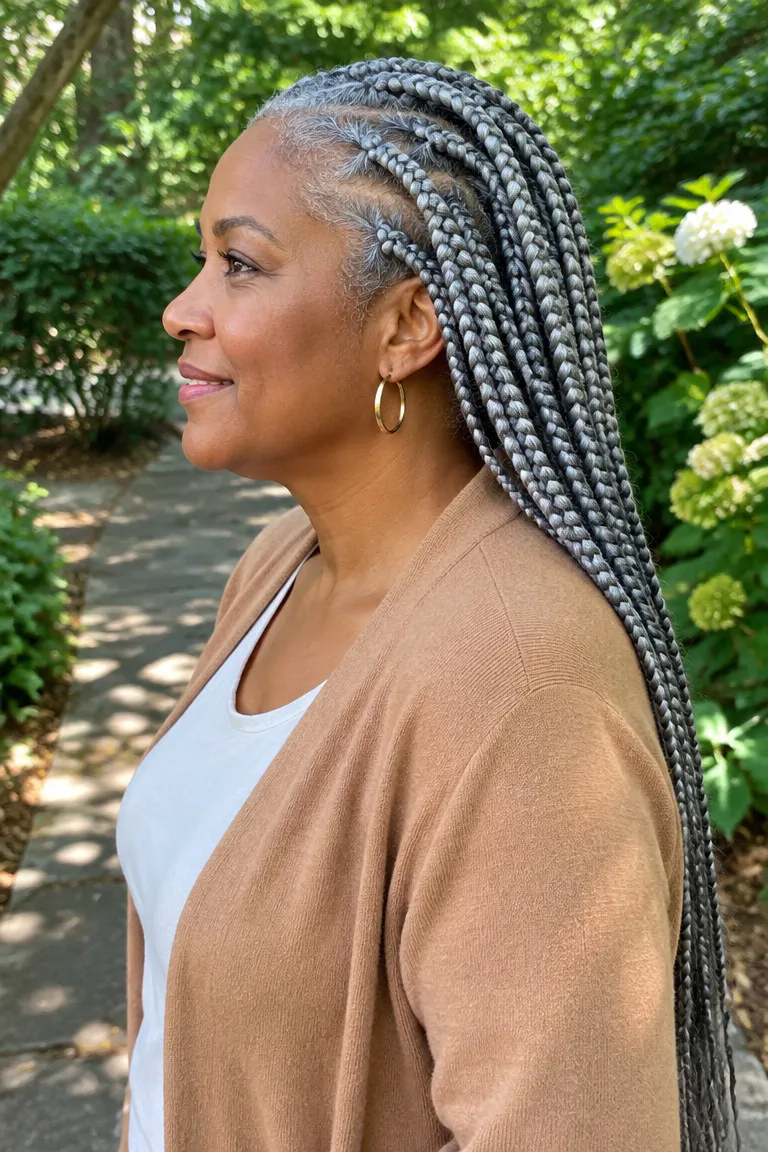 Jumbo silver gray knotless braids in clean rows