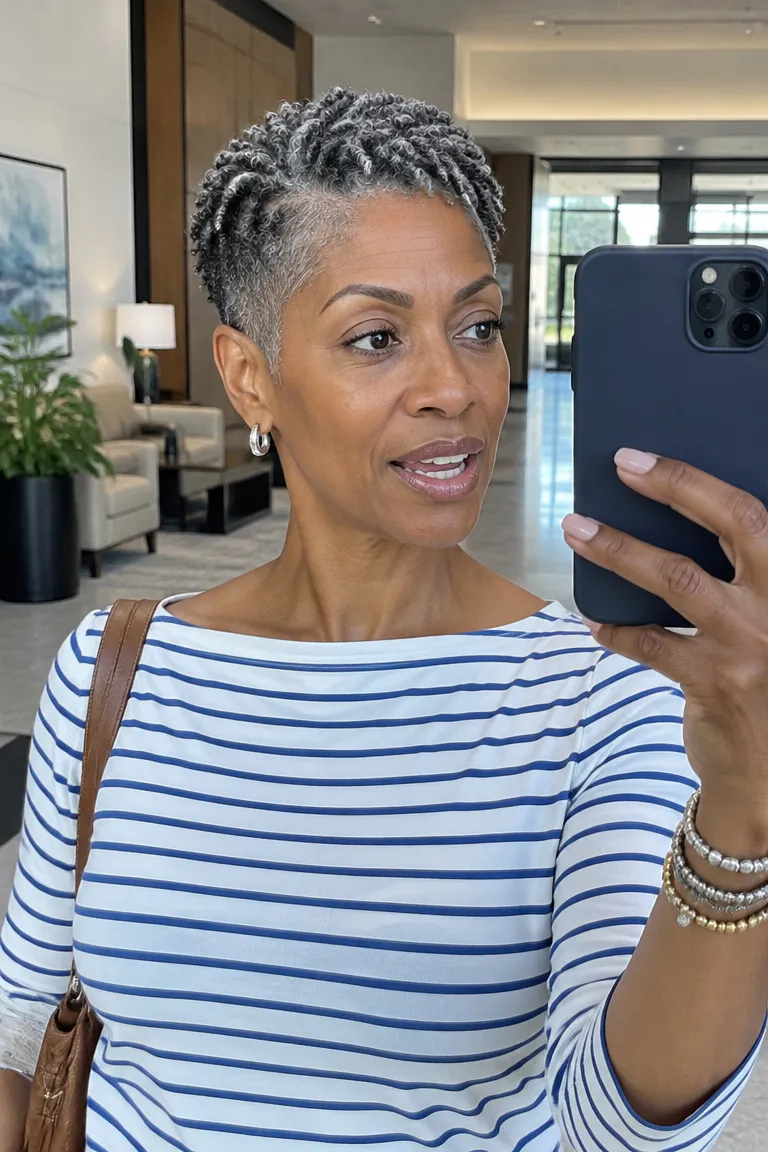Short tapered haircut with gray two-strand twists on top and tapered sides