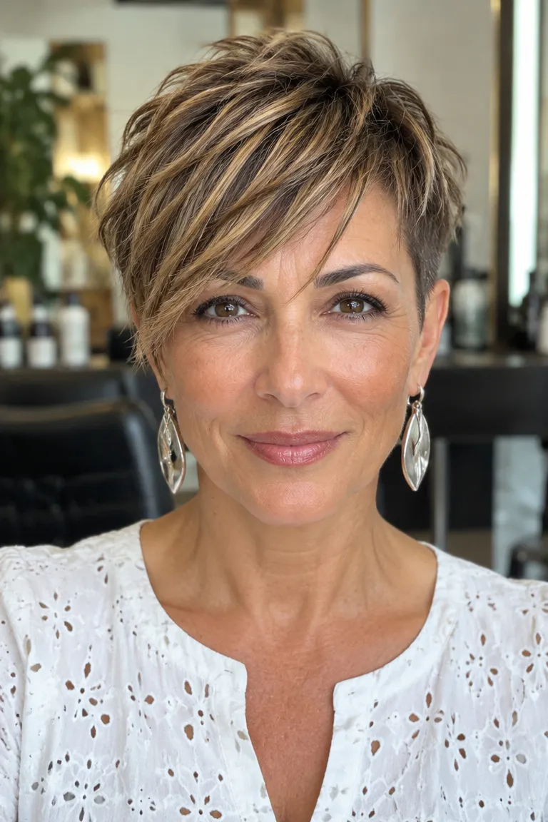 Piecey choppy undercut pixie bob with textured layers and soft fringe