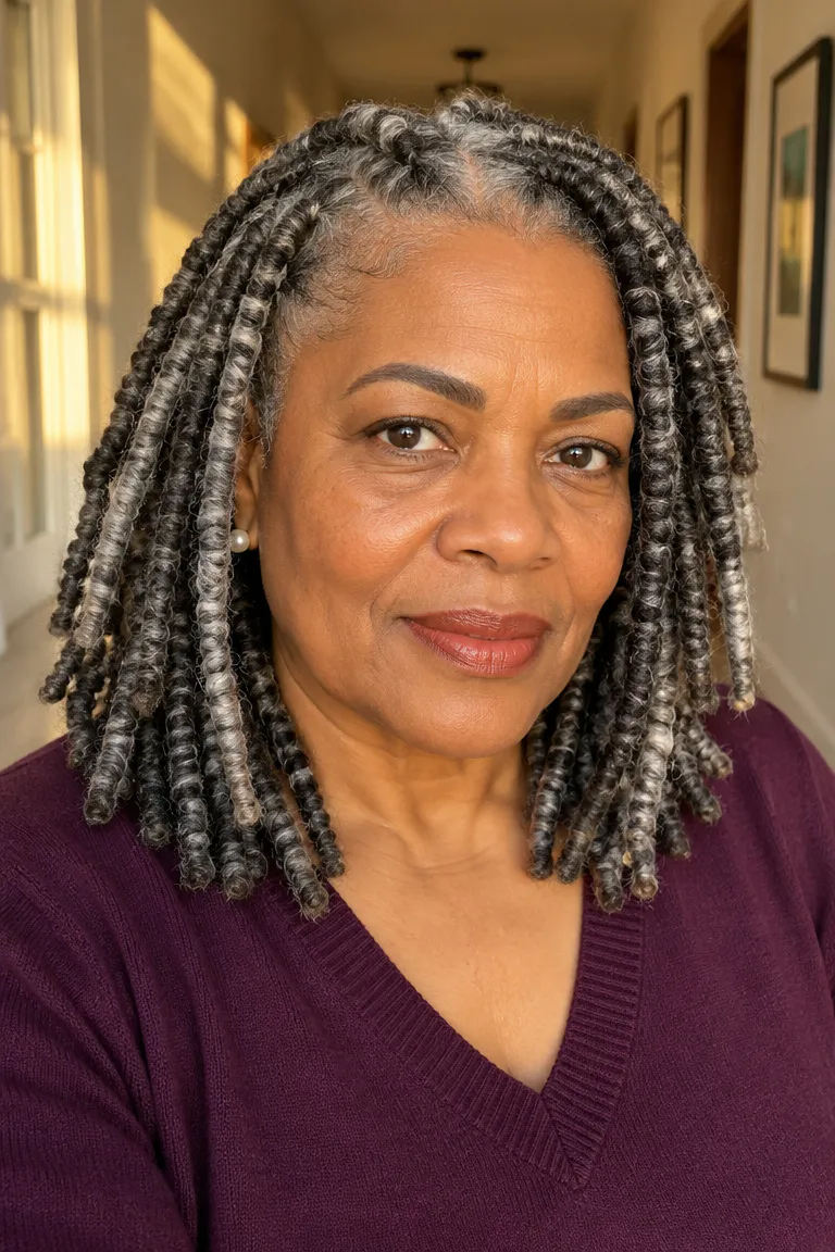 Shoulder-length gray and black crochet faux locs