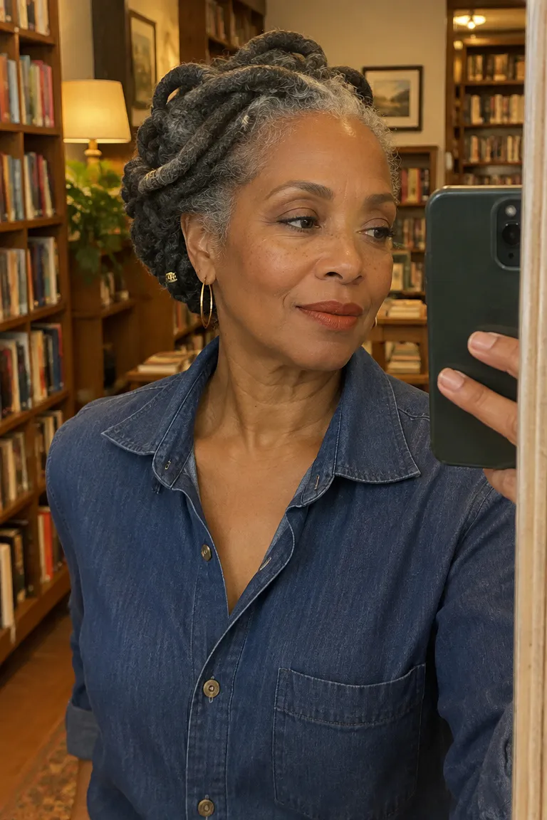 Salt-and-pepper locs styled with barrel-pinned sections.