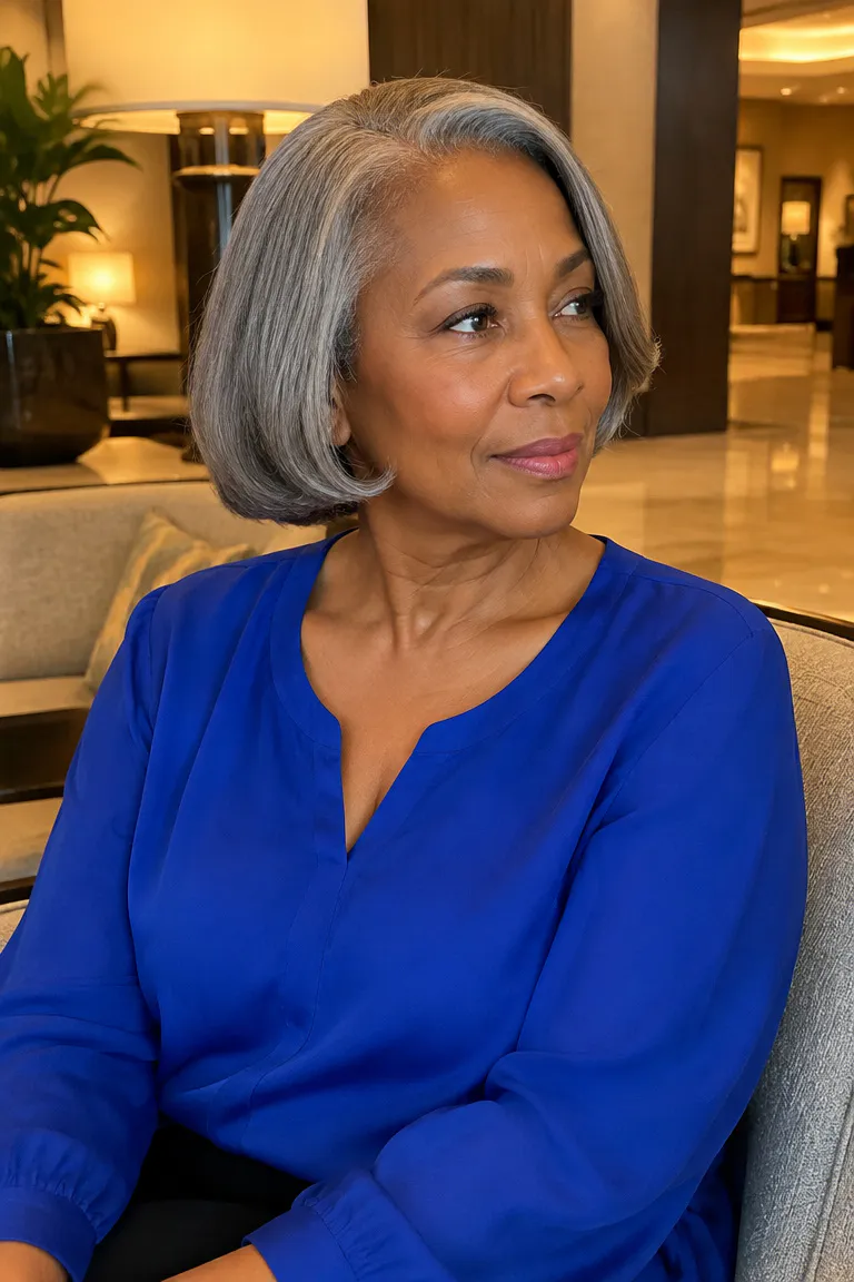 Short gray relaxed bob with a smooth perimeter and slight end bend