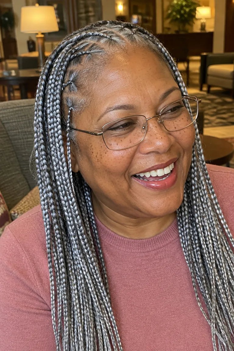 Silver gray knotless braids with thin scalp-friendly parts