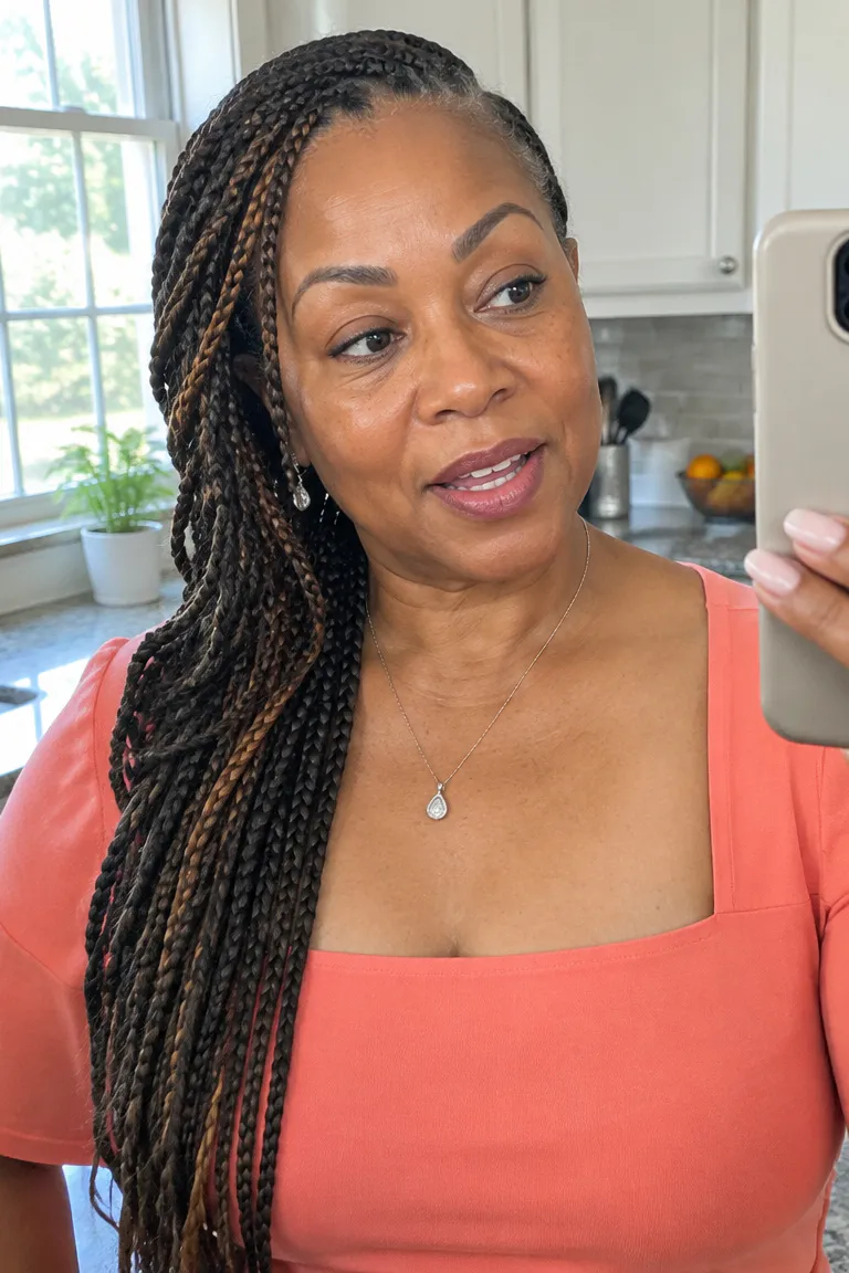Side-swept braids with a deep side part and braids draped over one shoulder