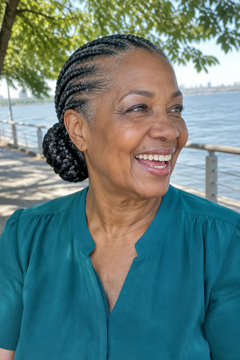 Low crochet braid bun at the nape on a braid-down base