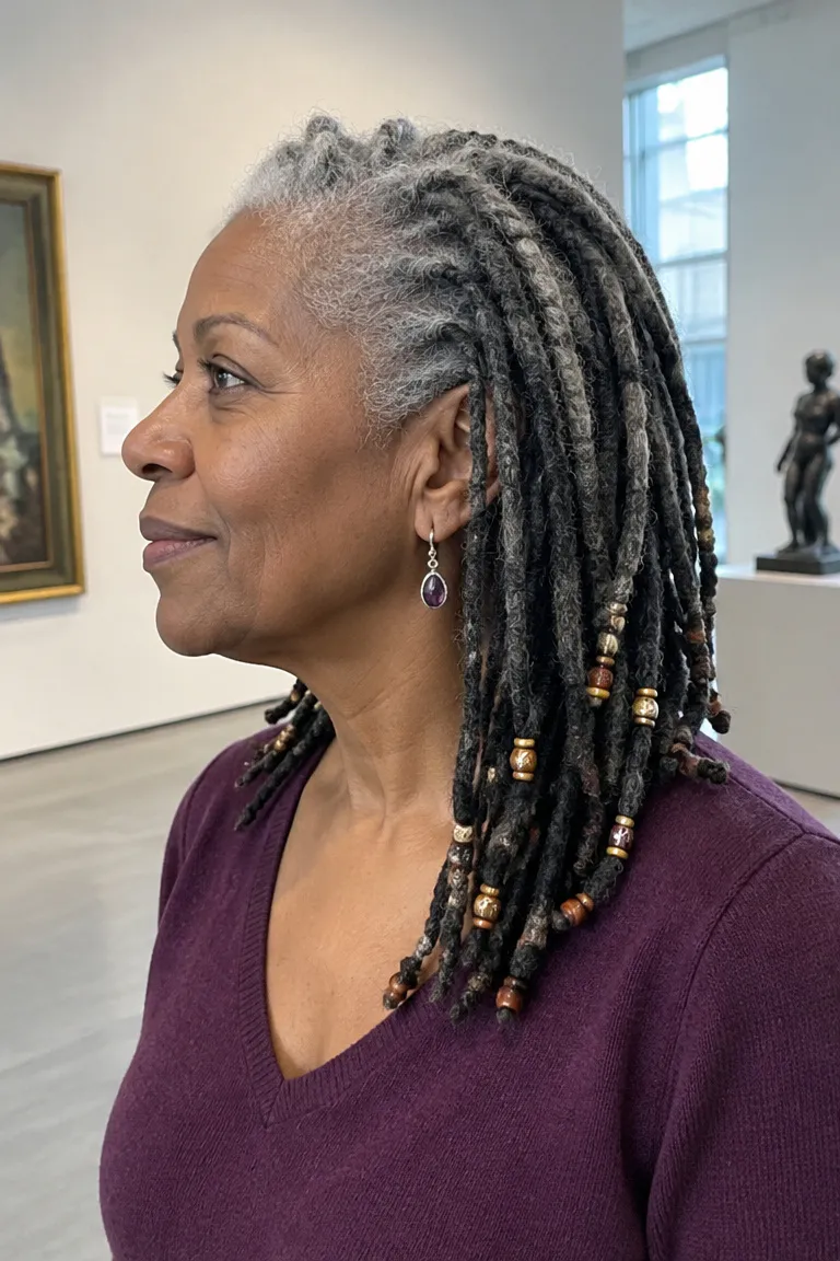 Salt-and-pepper locs with small beads at the ends.