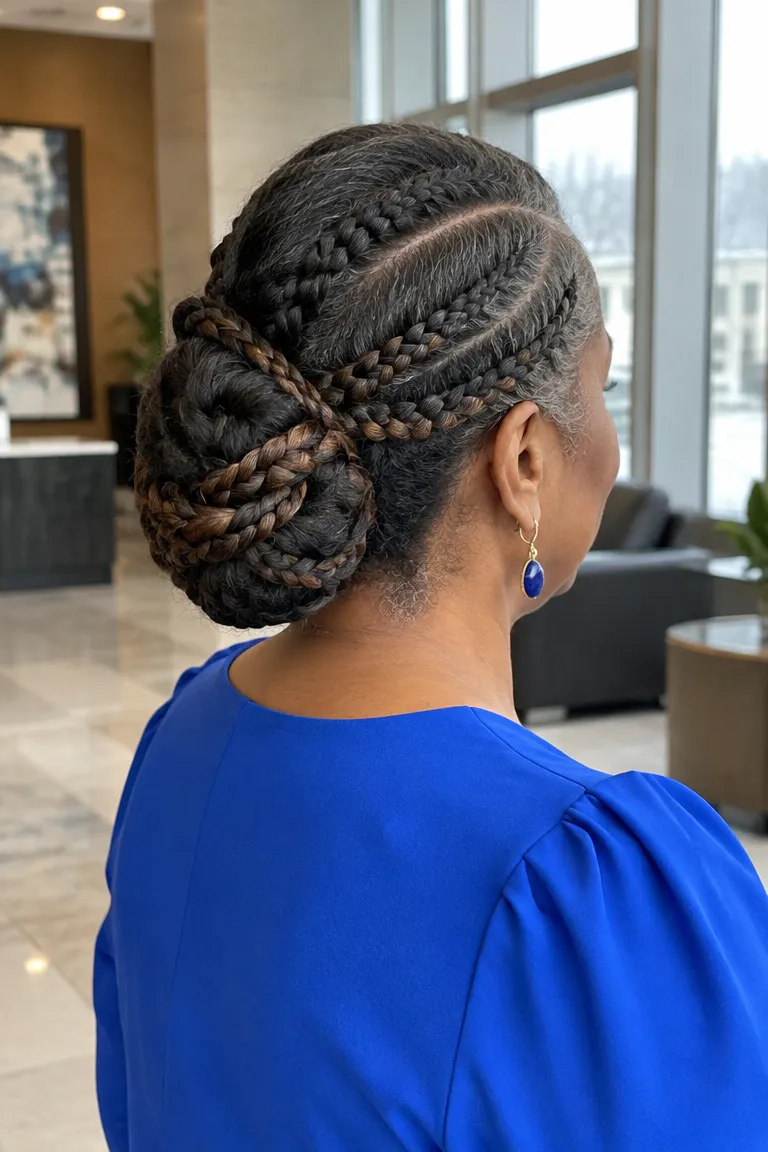 Mixed braid chignon with braided sections and wrapped texture