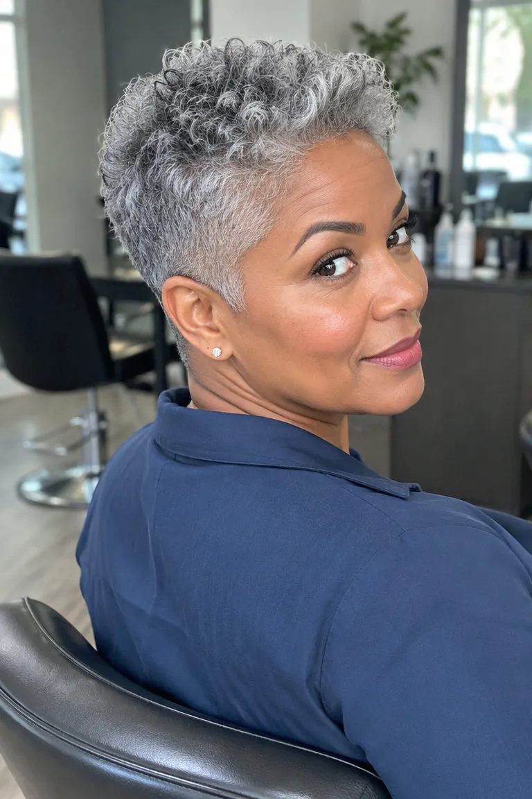 Short gray tapered haircut with a taller crown and tight temples
