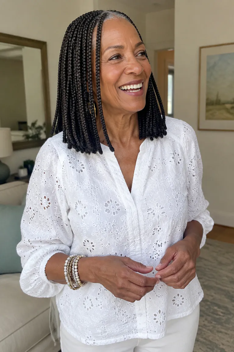 Medium box braids with uniform sections and shoulder-length length