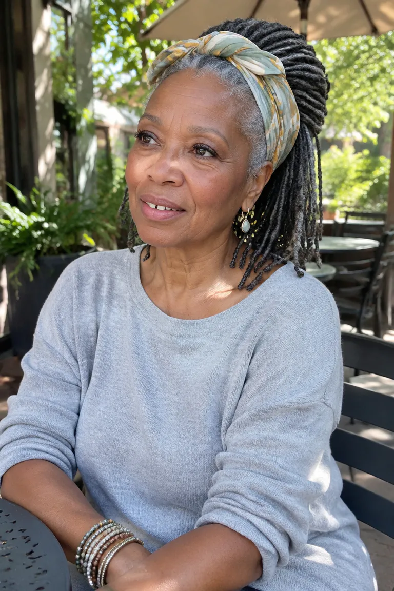 Salt-and-pepper locs wrapped with a scarf tied near the crown.