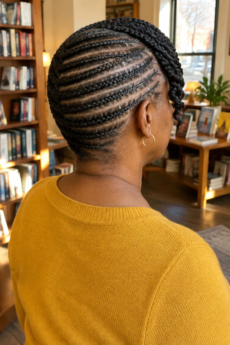 Side-swept cornrows with neat rows