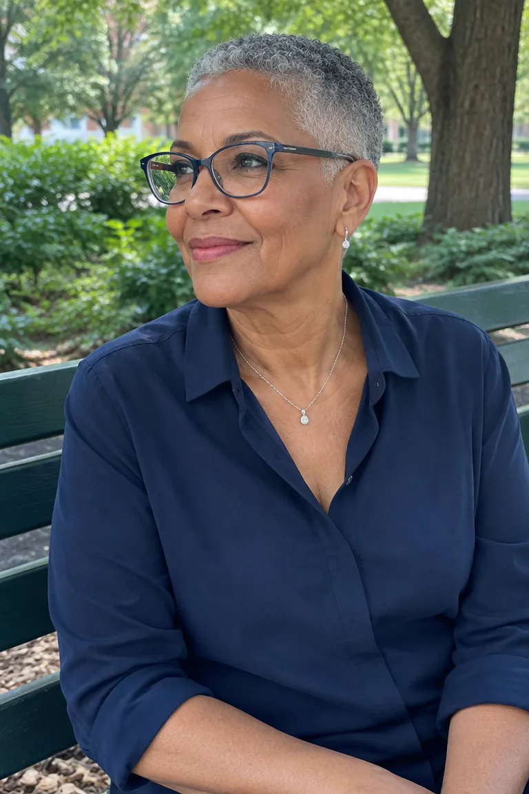 Very short salt-and-pepper buzz fade with tight sides and short top