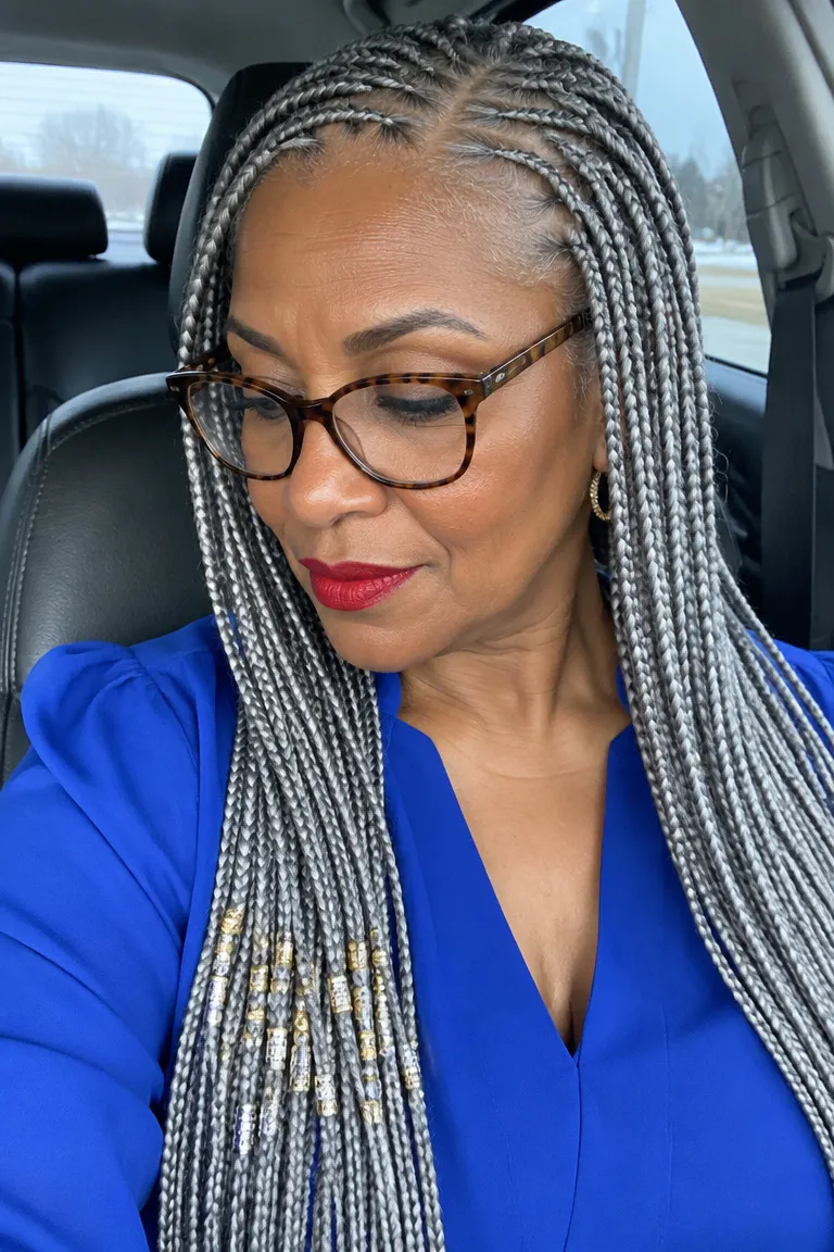 Silver gray knotless braids with a few metallic beads near the ends