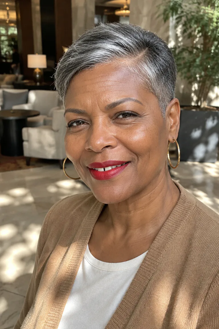 Short tapered haircut with gray relaxed texture, smooth top, and tapered sides