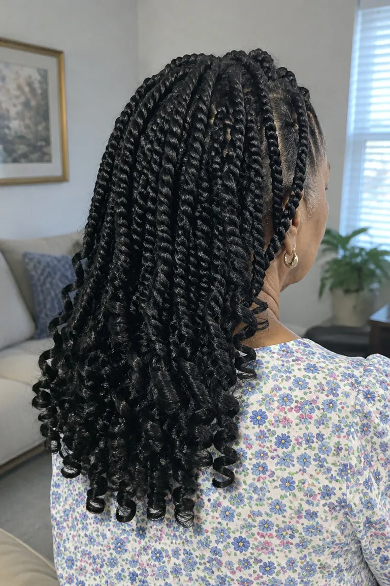 Mid-back length black crochet twists with curled ends