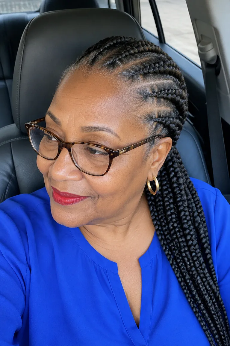 Feed-in braids gathered into a low ponytail with smooth part lines