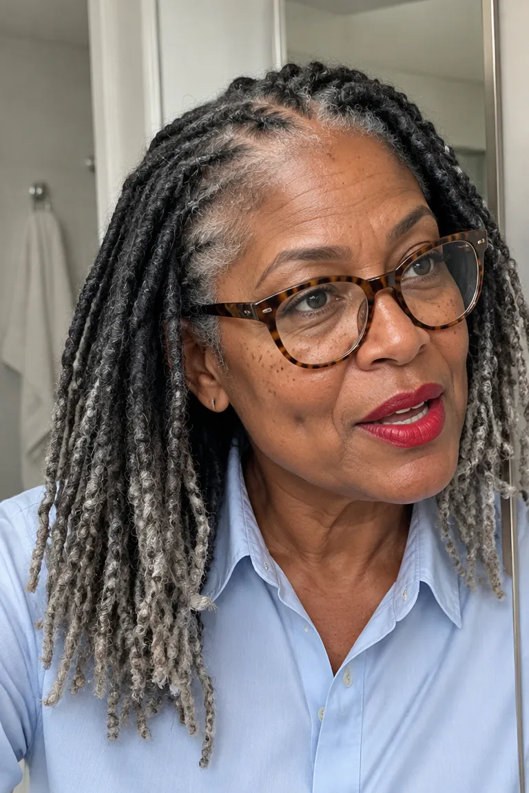 Salt-and-pepper locs with lighter gray tips and darker roots.
