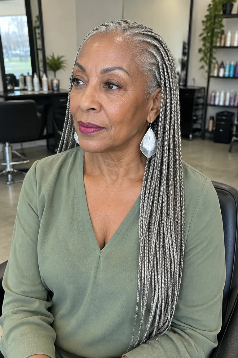 Long low-density silver gray knotless braids