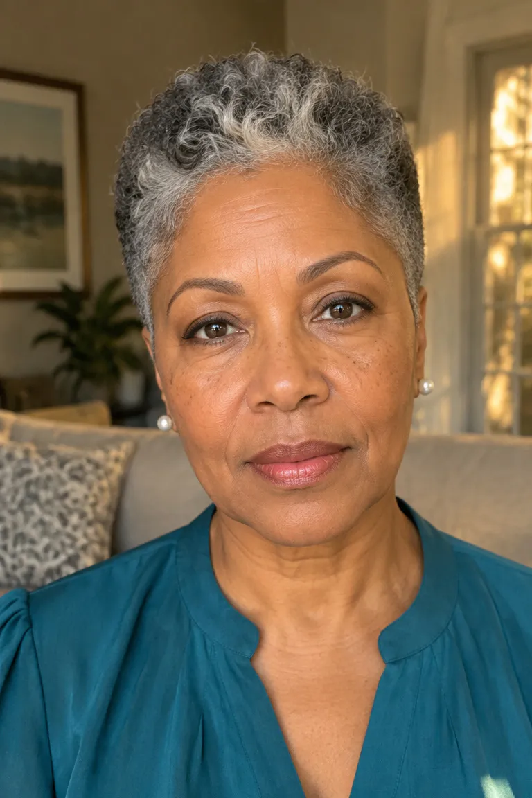 Short tapered haircut with salt-and-pepper color blend and tapered sides