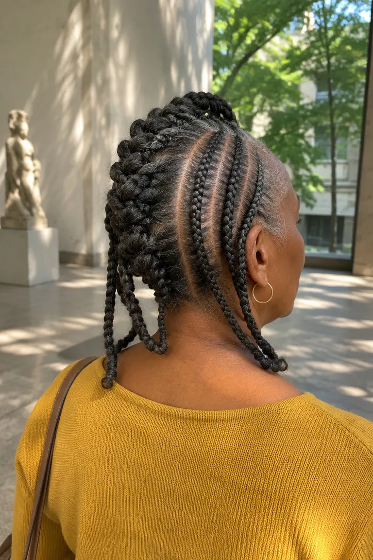 Center braids arranged into a mohawk-inspired row pattern