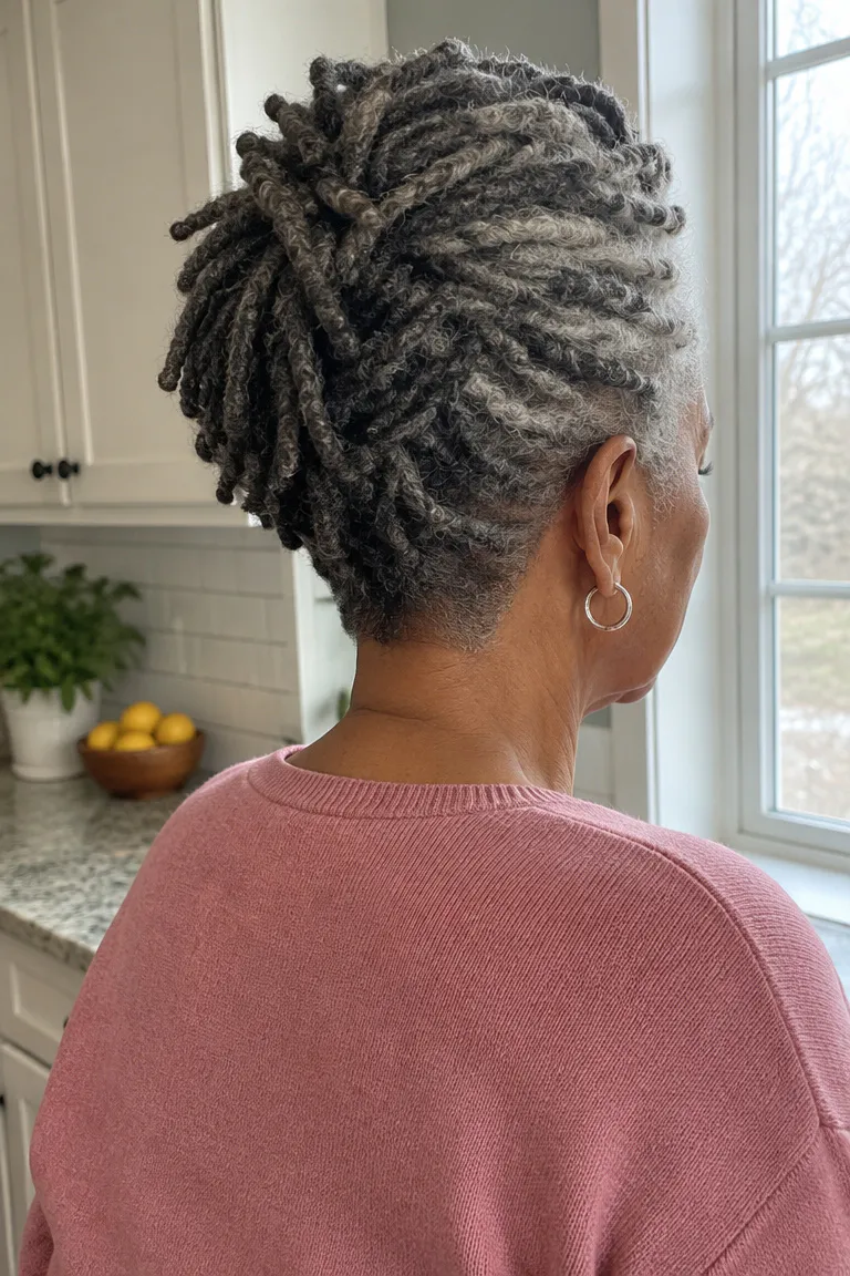 Salt-and-pepper locs with a clean tapered nape and fuller top.