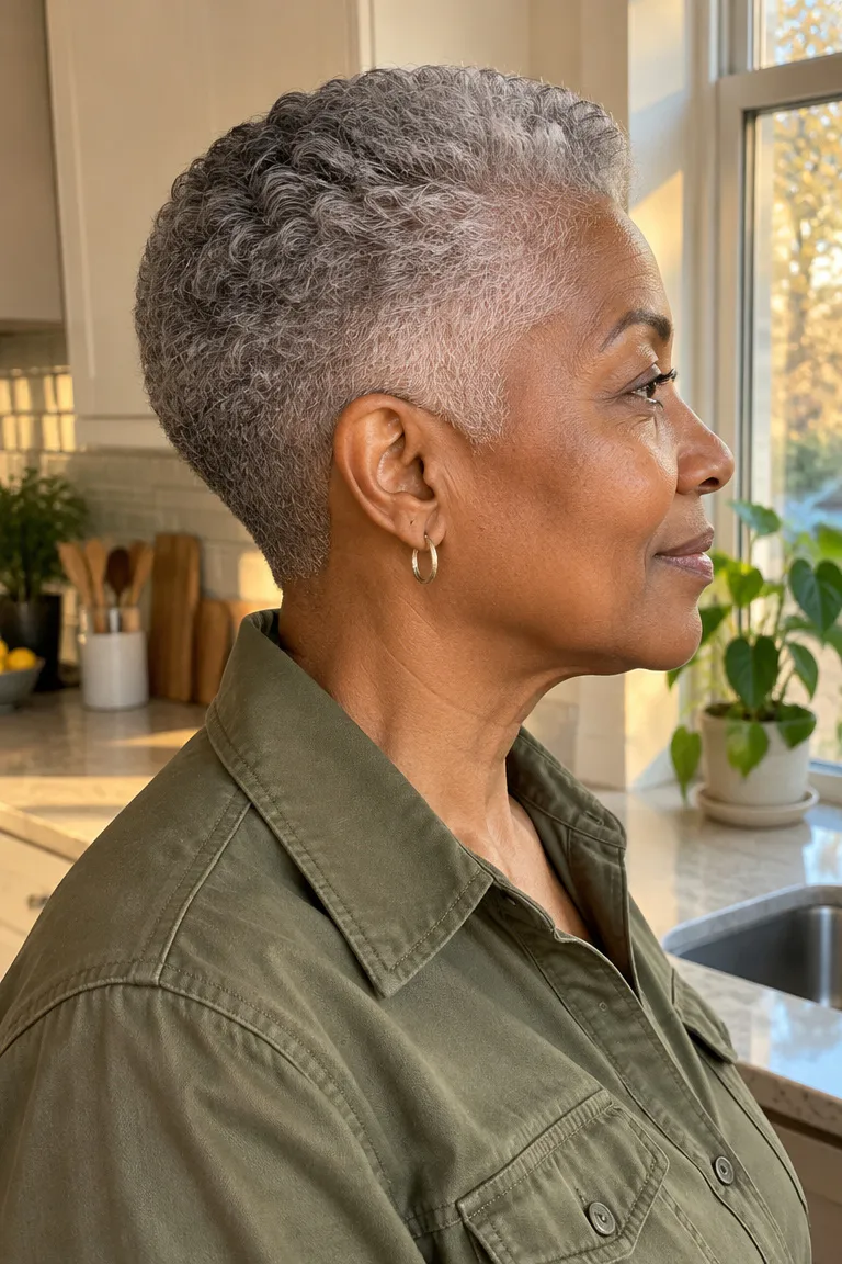 Short gray tapered haircut with a softly curved nape and close sides