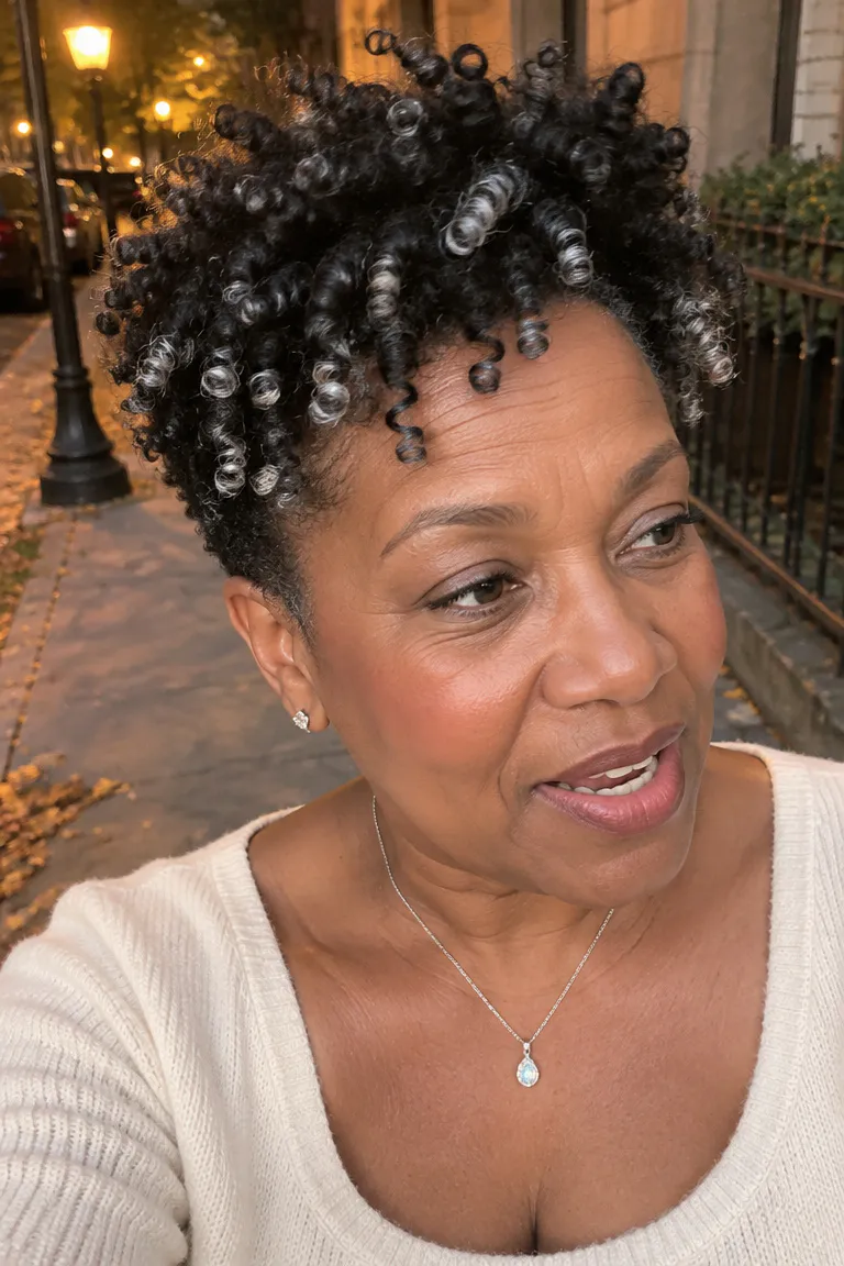 Cropped tapered spiral crochet curls in black with silver tips