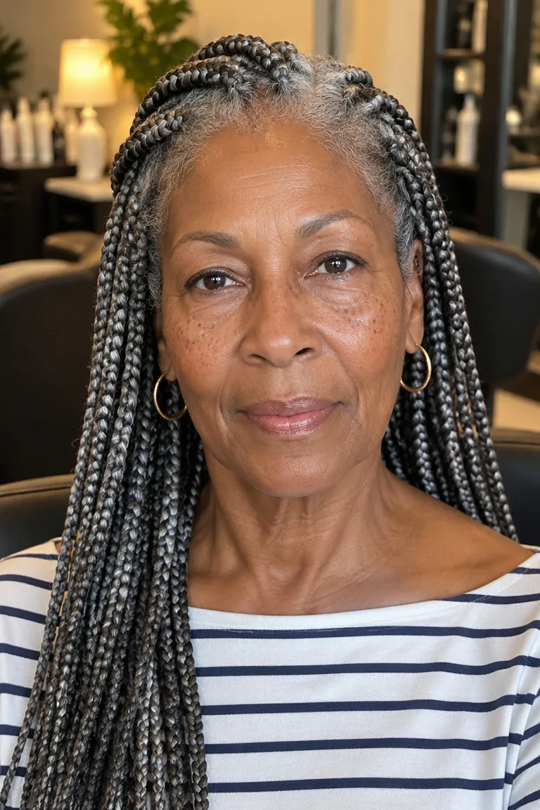 Braids blended with silver and black hair for a salt-and-pepper effect